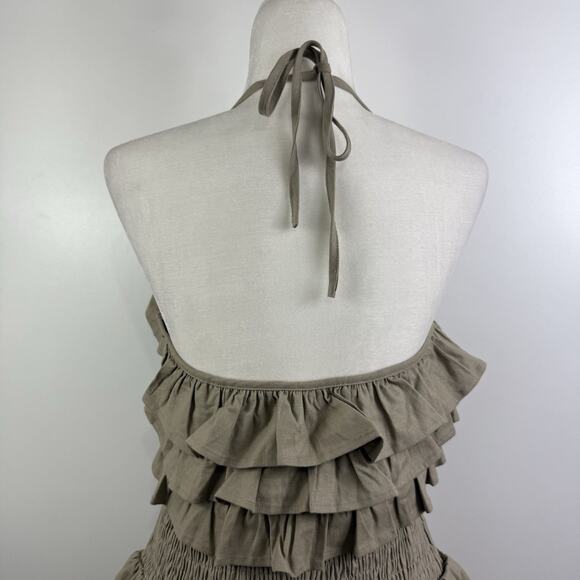 Tularosa Rory Linen Blend Mini Dress Medium Ruffled Smocked Backless Tie Neck - Picture 9 of 15